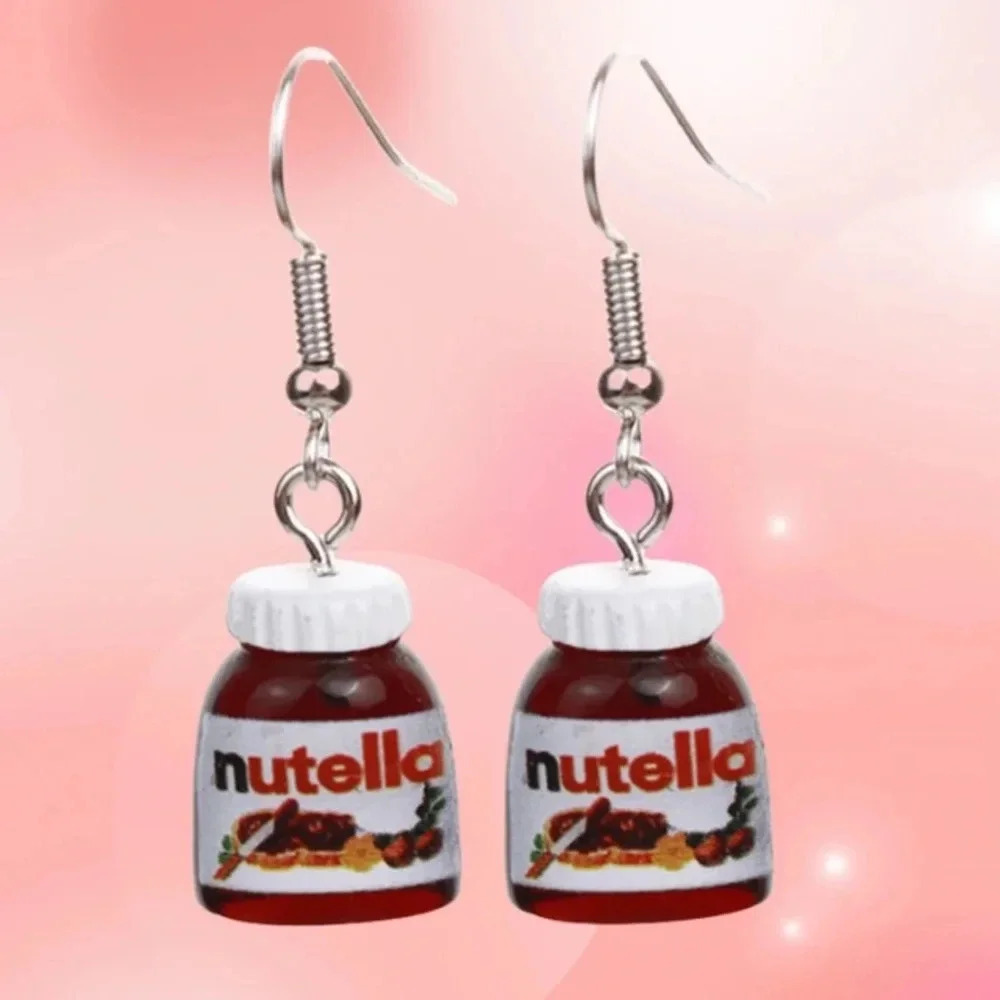 Brown red multicolor Nutella jar dangle drop earrings playful casual flare cute